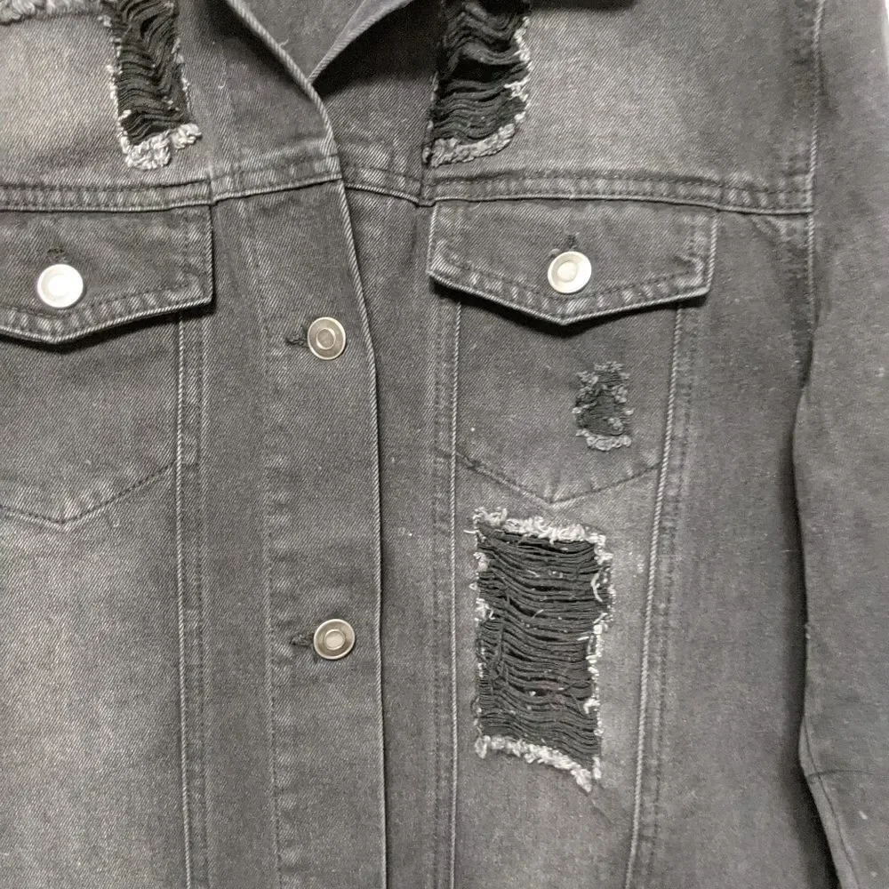 LOVE TREE Distressed Denim Black Long Jacket S